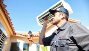 Technician servicing scottsdale ac unit outside a residential home in clear weather