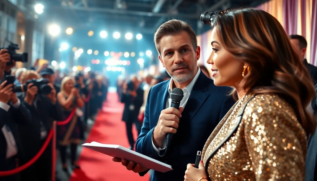 Capture of a journalist interviewing a celebrity at a glamorous event for a celebrity newspaper.