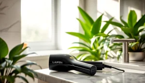 Experience the premium features of the Laifen hair dryer Canada, highlighted in a stylish bathroom.