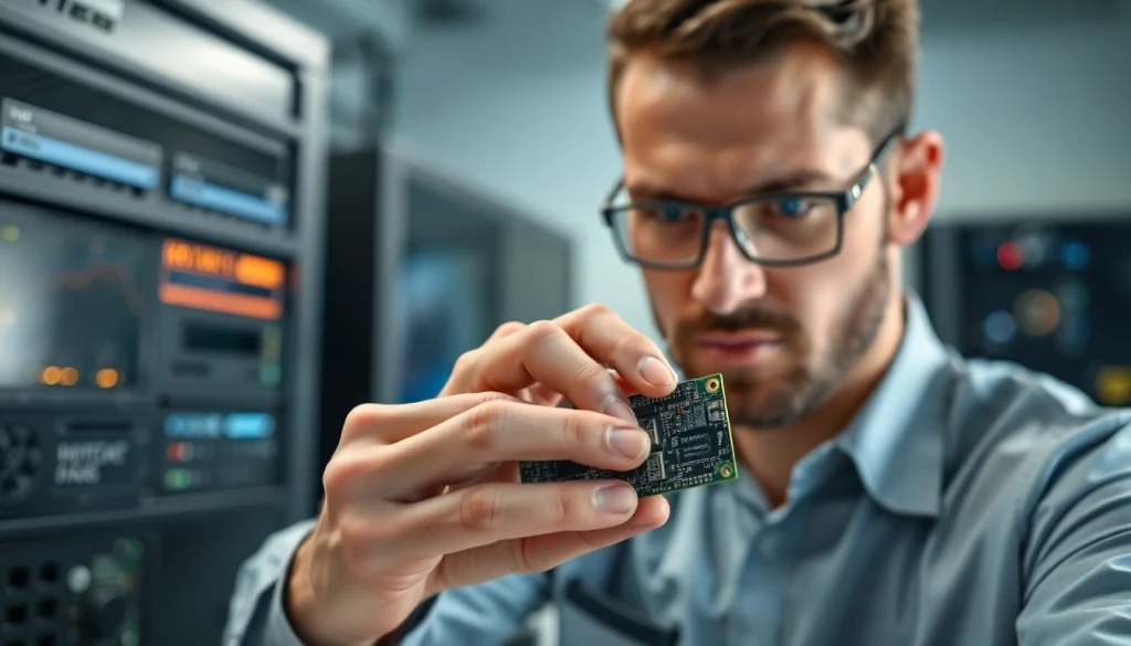Visualize technician adjusting dma firmware on a DMA card in a modern tech workspace.