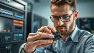 Visualize technician adjusting dma firmware on a DMA card in a modern tech workspace.