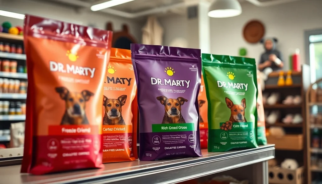 Catch the essence of dr marty pet food canada with vibrant freeze-dried dog food bags on display.