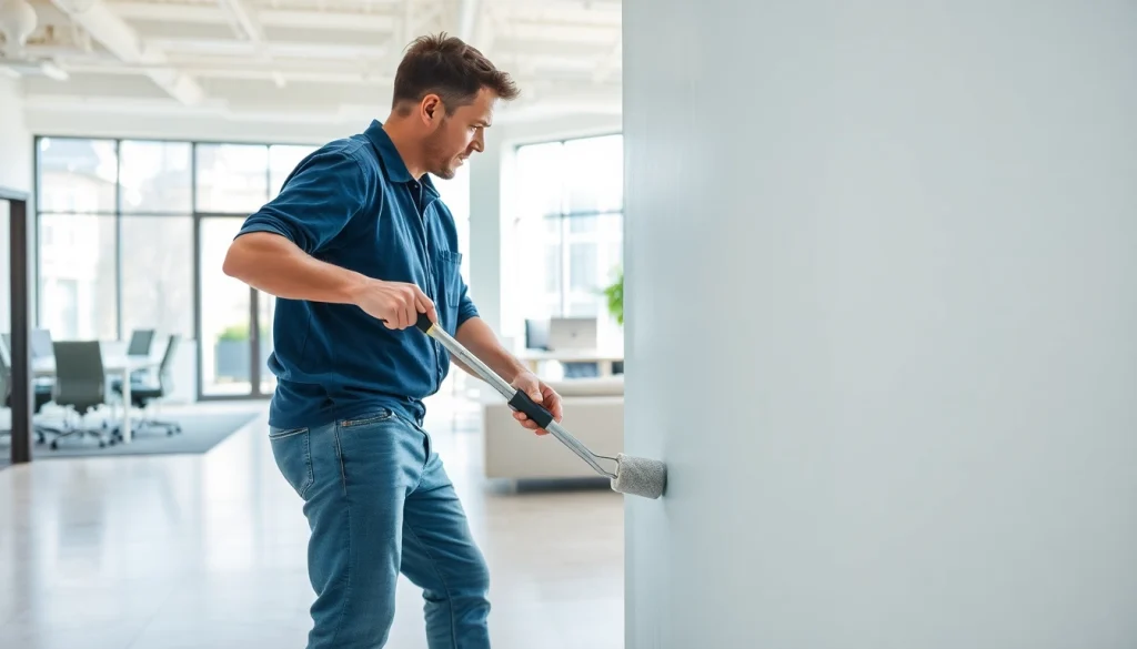 Commercial interior painter minneapolis expertly painting a modern office space with a professional finish.