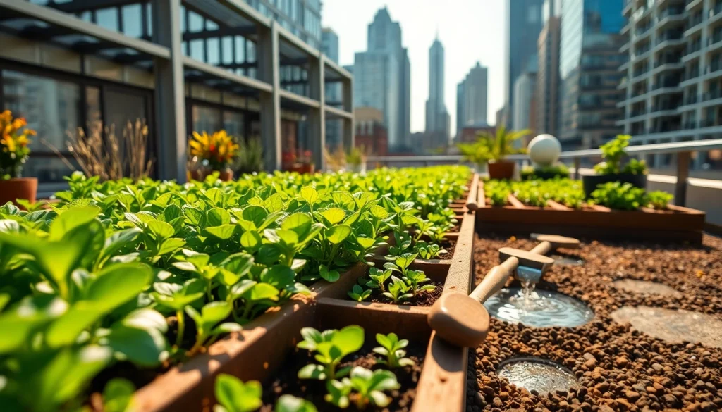 Enhance urban environments with Living Roof Trays showcasing lush greenery in a thriving city setting.