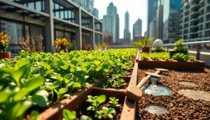 Enhance urban environments with Living Roof Trays showcasing lush greenery in a thriving city setting.