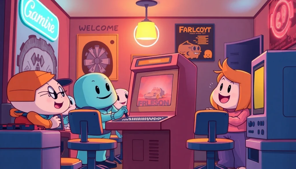 Play DOS games with charming, nostalgic characters around an arcade machine.