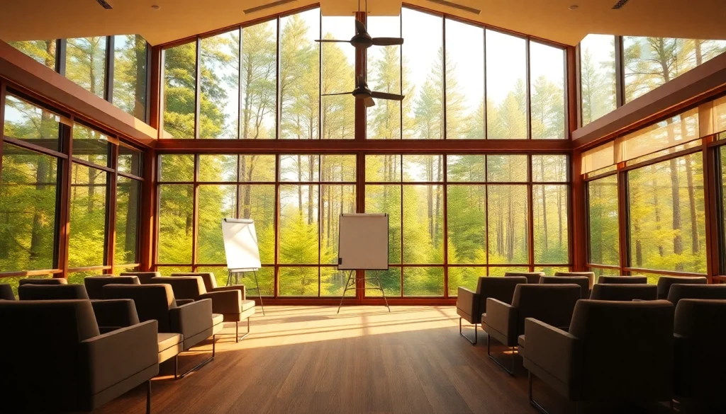 Reserve a tranquil seminar hall for your events, featuring modern amenities and a green backdrop.