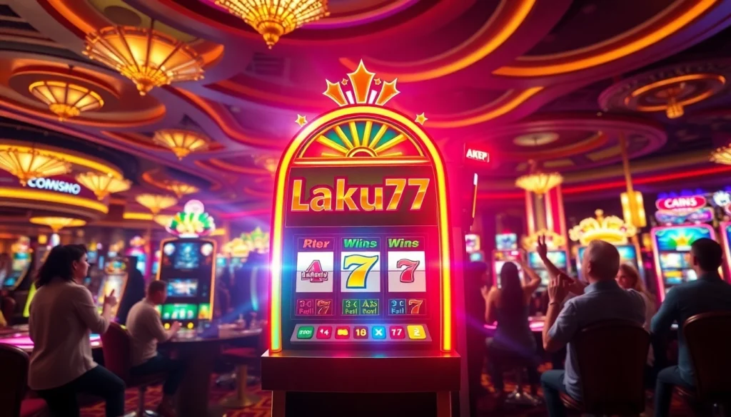 Mainkan laku77 slot dengan mesin yang berwarna-warni dan suasana kasino yang meriah.