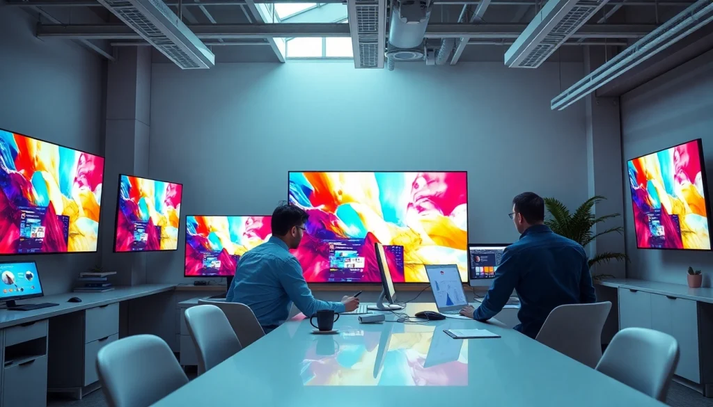 Showcase of a Digital signage CMS dashboard in a modern office with vibrant screens.