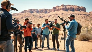 Capture of a dynamic Phoenix Video Production crew collaborating on a vibrant outdoor film set.