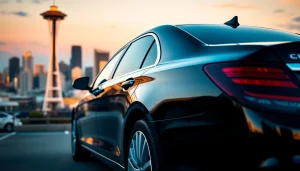 Car service from Seattle to Vancouver showcased with luxury vehicle at Space Needle.