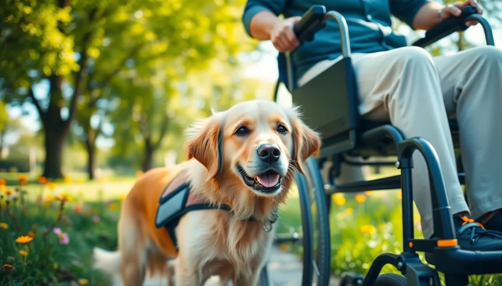 Service dogs for sale highlighted by a golden retriever assisting its owner in a park.