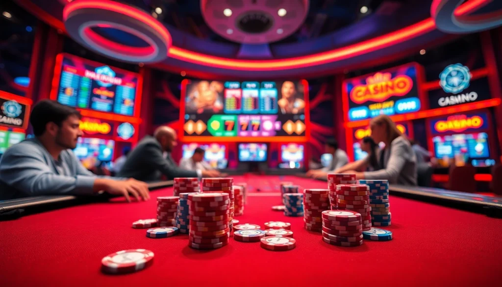 Engaged players at the We1Win casino gaming table with colorful chips and vibrant atmosphere.
