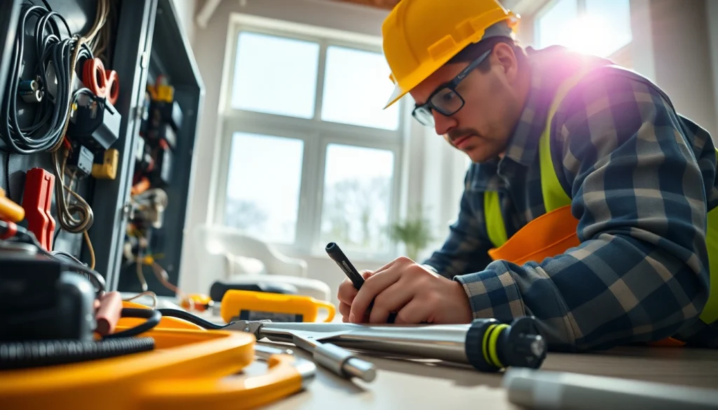 Electrician working meticulously on a power panel in a modern home setting.