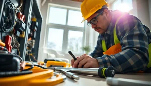 Electrician working meticulously on a power panel in a modern home setting.
