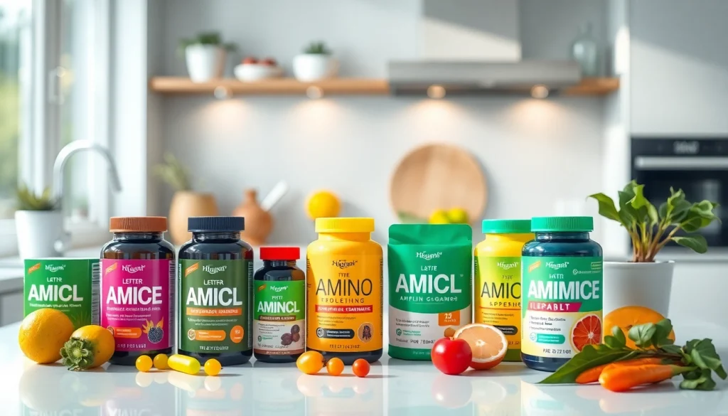 Amino asitlerin sağlıklı besinlerle sergilendiği renkli ambalajlar.