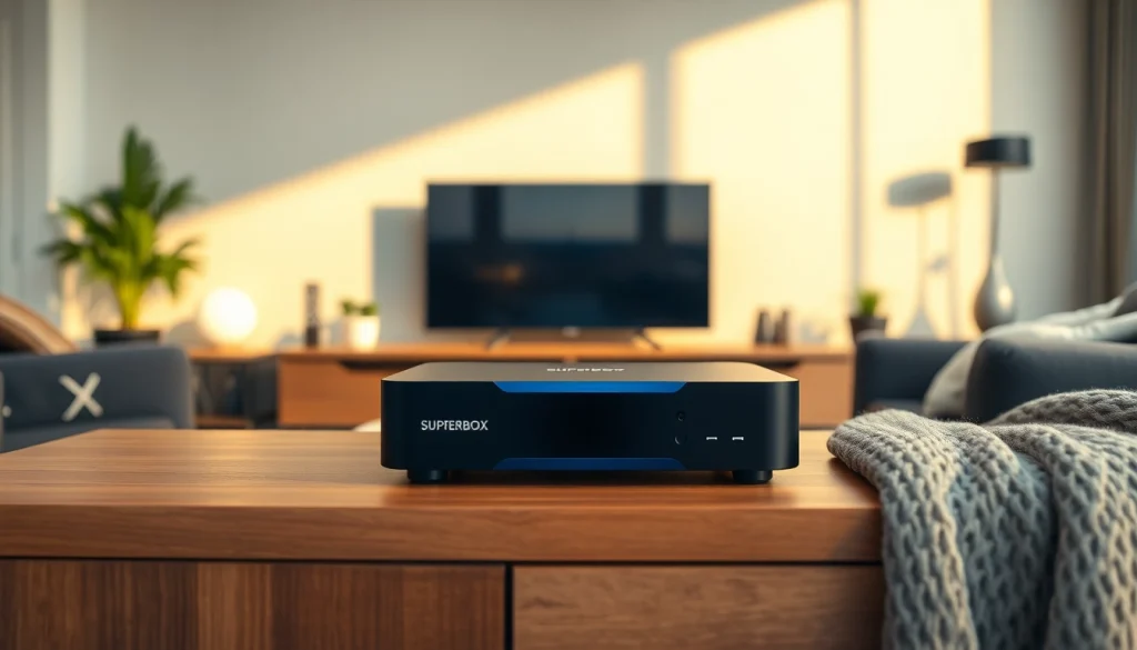 Showcase of the superbox tv box featuring a modern design in a cozy living room setting