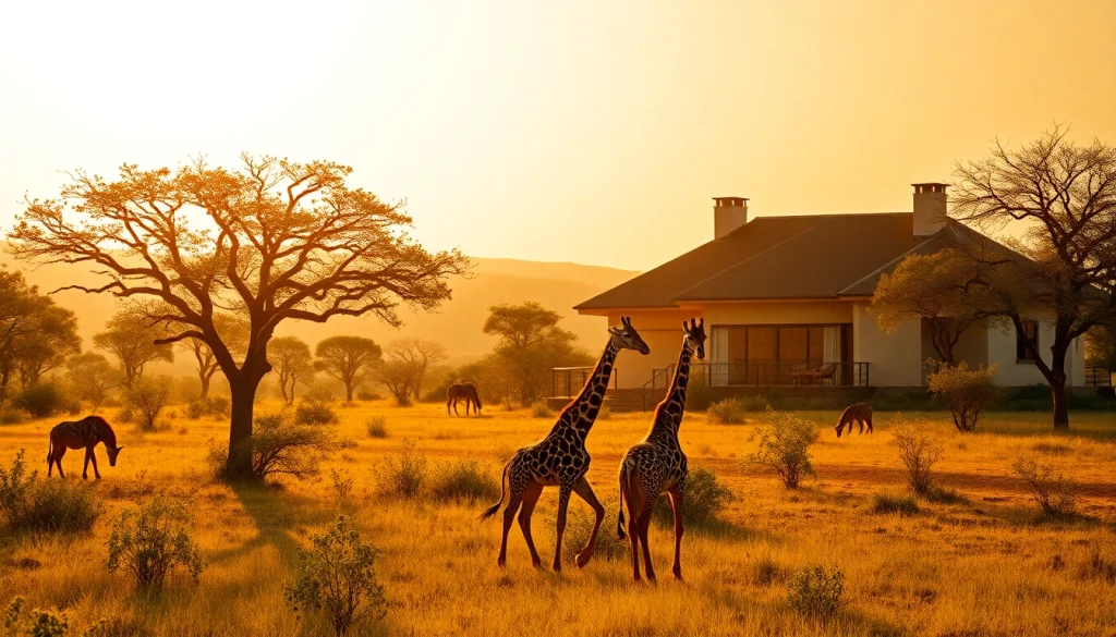 Experience Luxury Tanzania Safari Tours with a glimpse of a serene lodge amidst wildlife in a beautiful savannah setting.