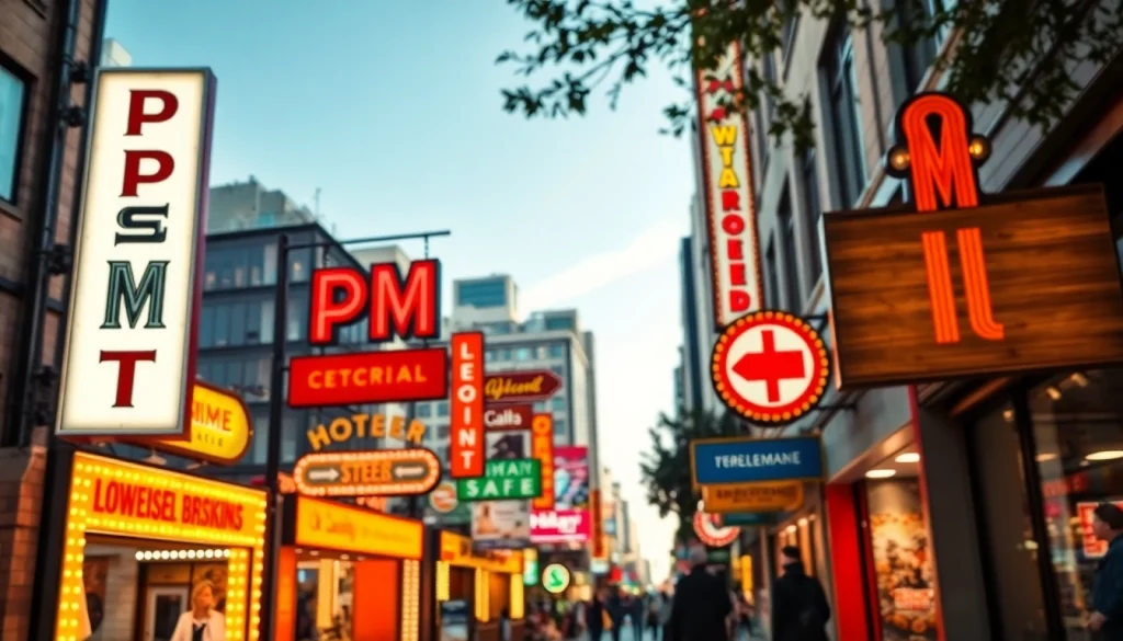 Display of vibrant pm signs creating an engaging urban atmosphere with diverse styles and colors.