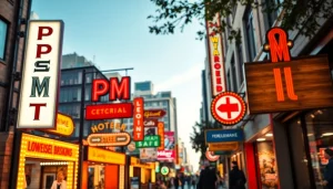 Display of vibrant pm signs creating an engaging urban atmosphere with diverse styles and colors.