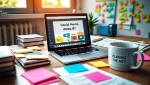 Visual representation of social media and blog automation software in a creative workspace.