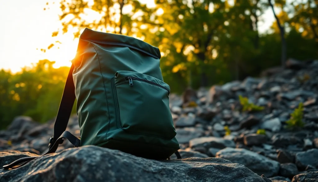 Wasserdichter Rucksack auf felsigem Terrain mit herausragenden Merkmalen