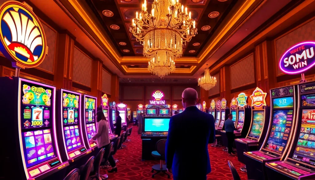 Experience the excitement of We1Win with vibrant slot machines and lively players in an upscale casino setting.