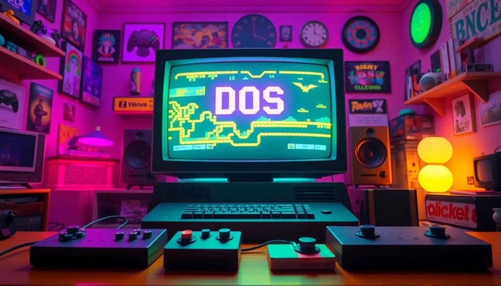 Play DOS games on a retro computer setup with nostalgic gaming elements.