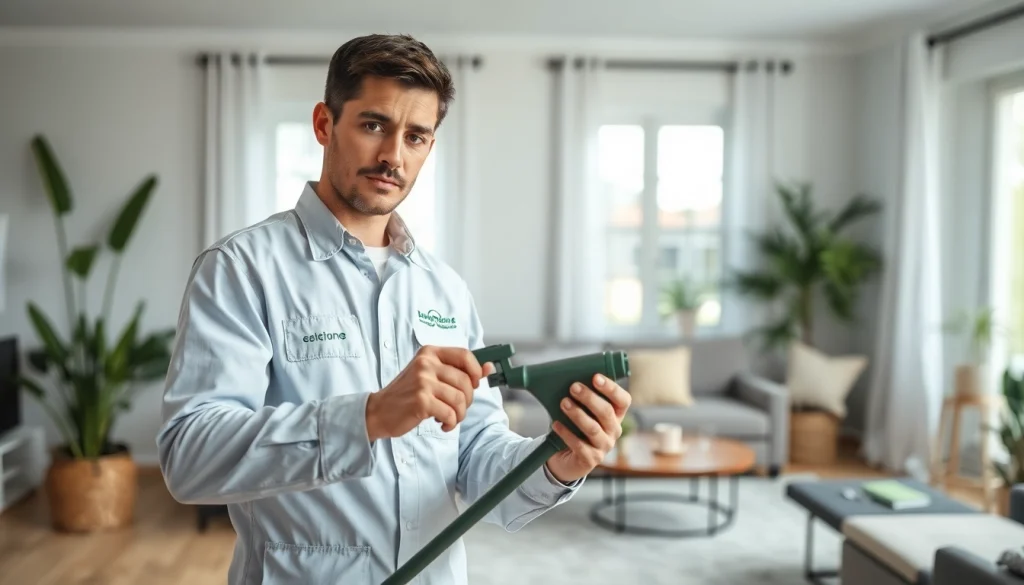 Experienced professional handling The Exterminators Pest cpntrol service in a bright living space.