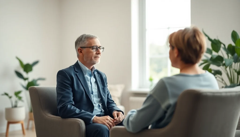 Engaging session with a 61psychiatrist in a calming therapy room, fostering communication.