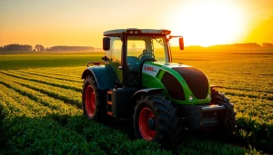 CLAAS Traktor arbeitet in einem weiten, grünen Feld bei Sonnenuntergang.