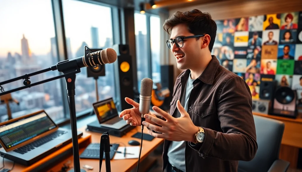 Musician engaging in music pitching with studio equipment and vibrant surroundings.