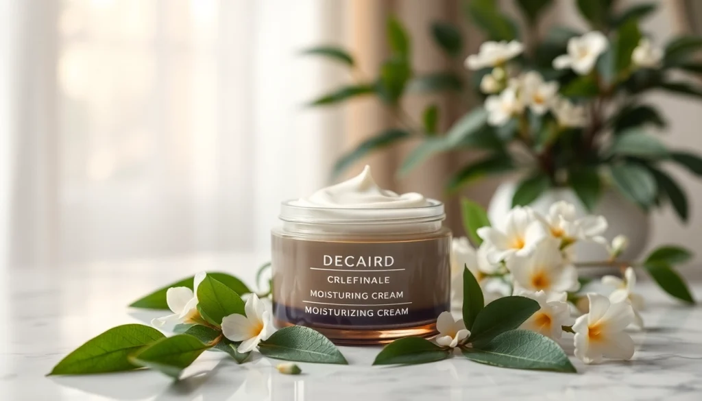 Apply moisturizing cream from a luxurious container surrounded by greenery.