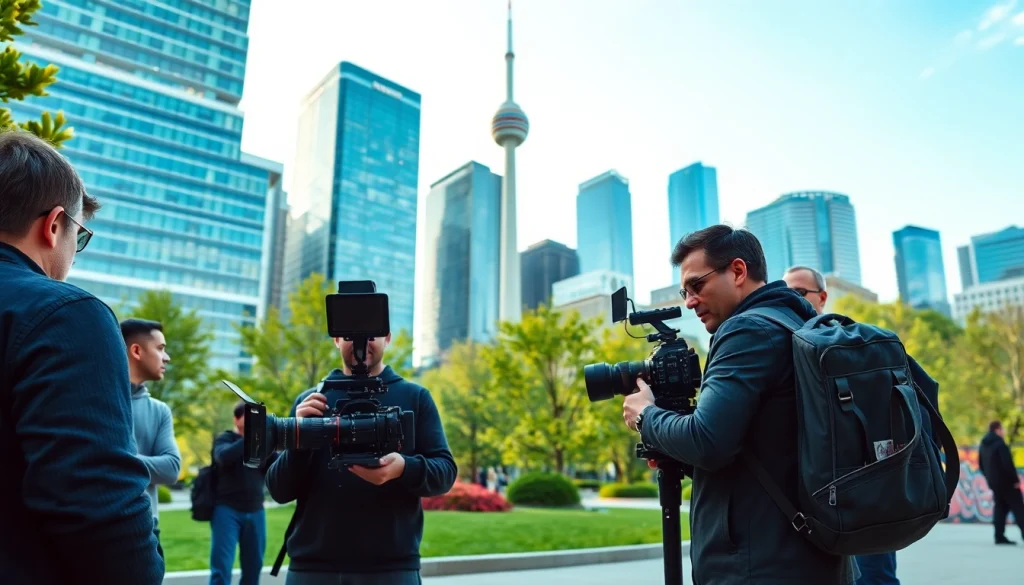 Showcase of Creative Video Shoots Toronto with a professional videographer in action amidst a vibrant cityscape.