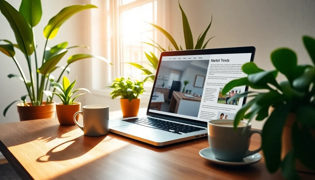 Engaging real estate blog setup with a laptop showing market trends and coffee cup for readers.