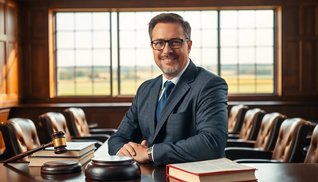 Representing agricultural law in a courtroom with a confident lawyer and legal resources.