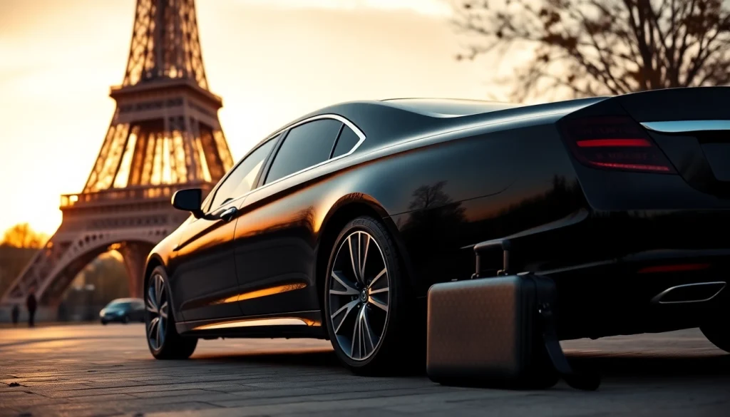 Service de chauffeur: élégant véhicule de luxe devant la Tour Eiffel à Paris.
