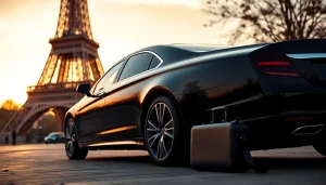 Service de chauffeur: élégant véhicule de luxe devant la Tour Eiffel à Paris.