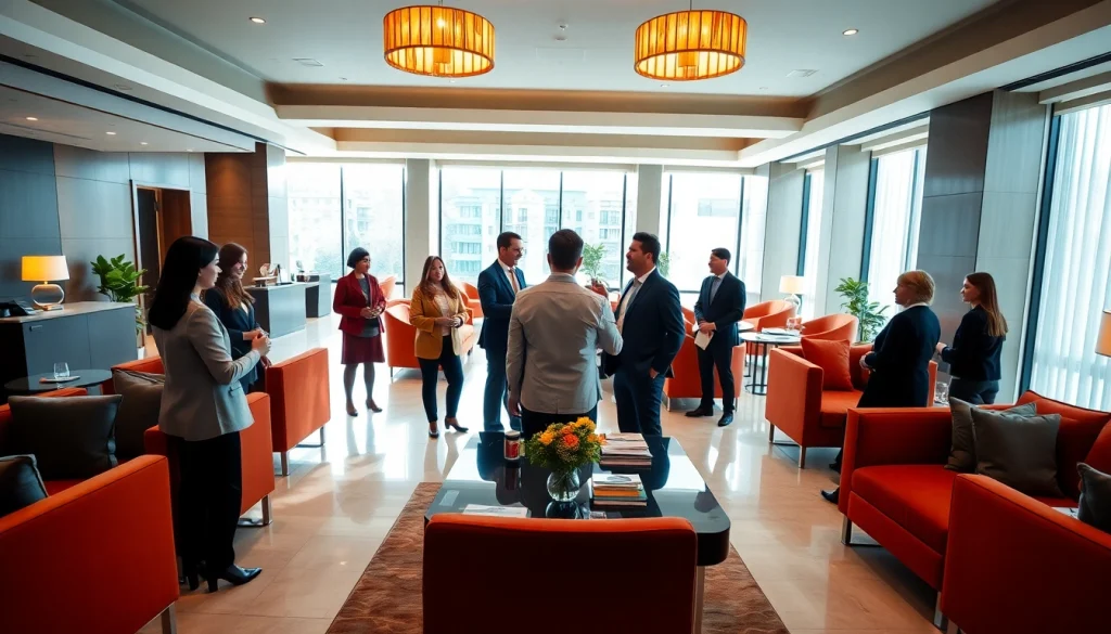 Hotel management team collaborating in a modern lobby, showcasing professional teamwork and atmosphere.