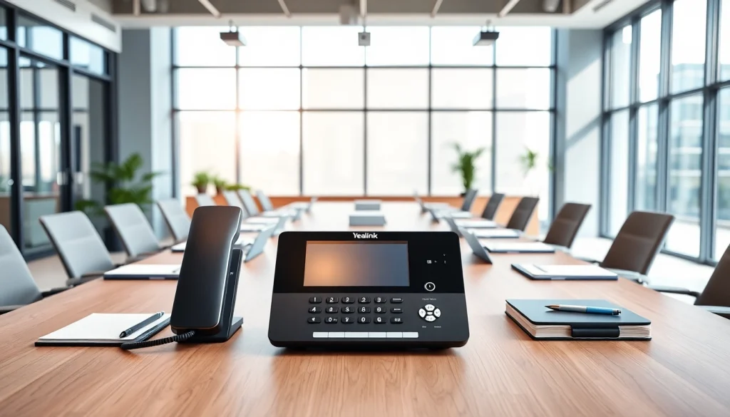 Showcasing Yealink conference phone in a modern office meeting setup.