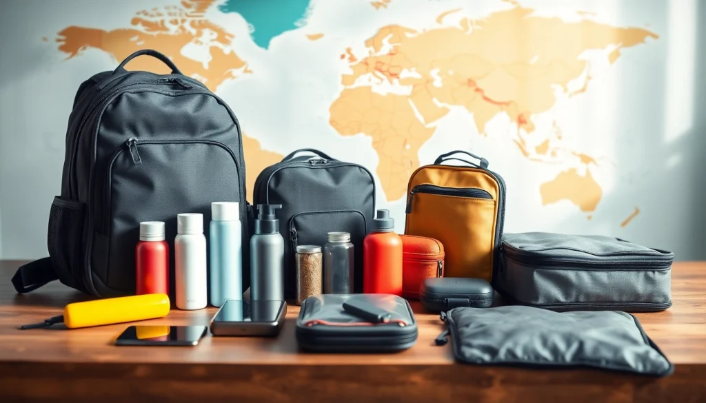 Travel gears organized elegantly on a table with a world map backdrop.