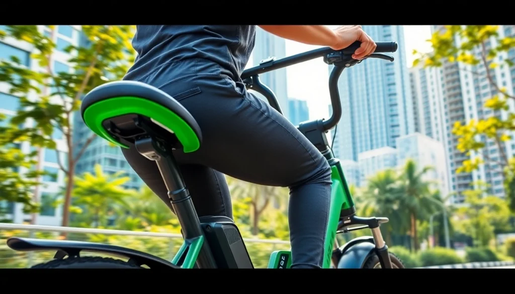 Rider on an ebike Singapore navigating a vibrant urban environment with greenery.