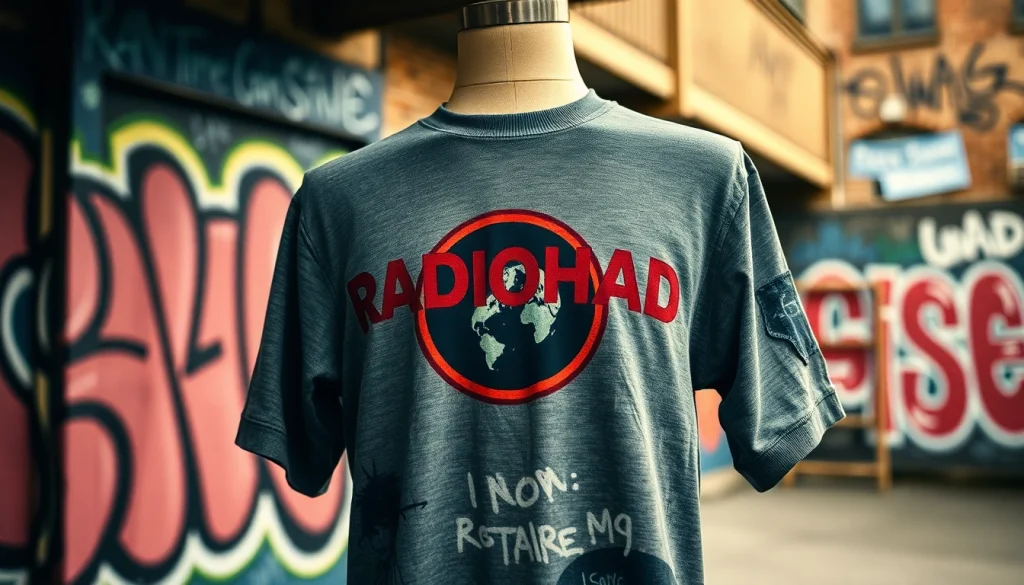Showcase of a vintage Radiohead shirt featuring unique designs and urban backdrop.