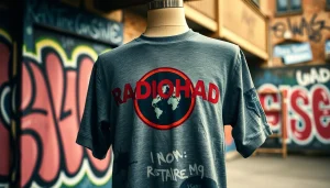 Showcase of a vintage Radiohead shirt featuring unique designs and urban backdrop.