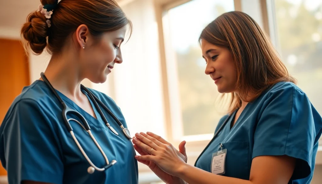 Nurse supporting a colleague in the VDAP program within a calm rehabilitation setting.