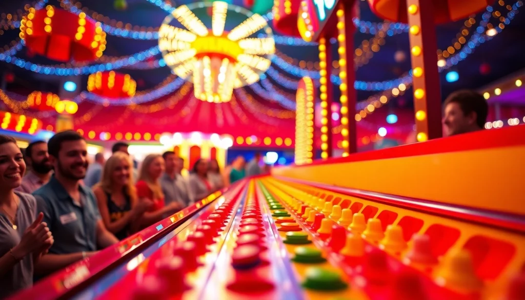 Plinko yang menarik saat chip dijatuhkan ke papan dengan latar belakang suasana karnaval.