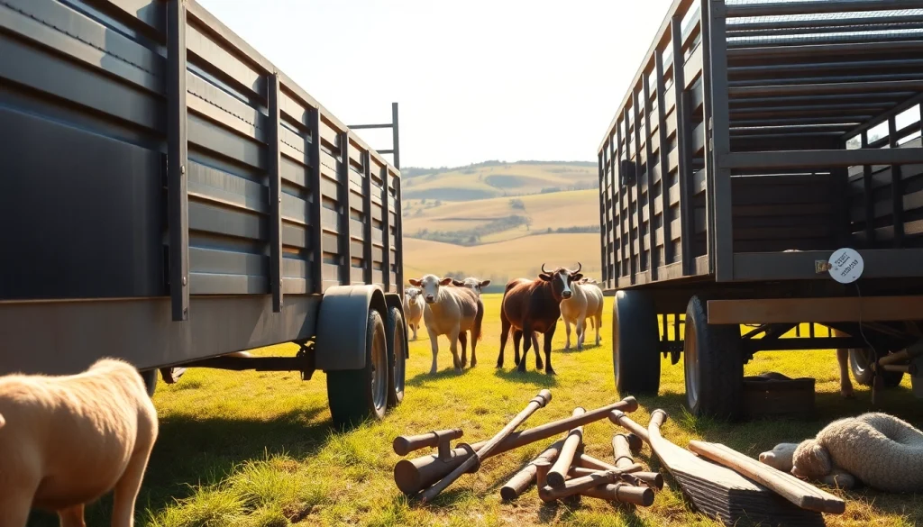 Engaging livestock trailer rental image showcasing a sturdy trailer in a sunny field with healthy livestock.