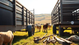 Engaging livestock trailer rental image showcasing a sturdy trailer in a sunny field with healthy livestock.