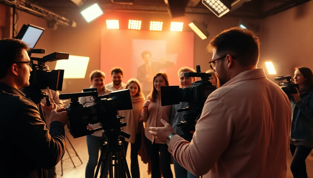 Engaging 홍보영상제작 team collaborating on a vibrant promotional video set.