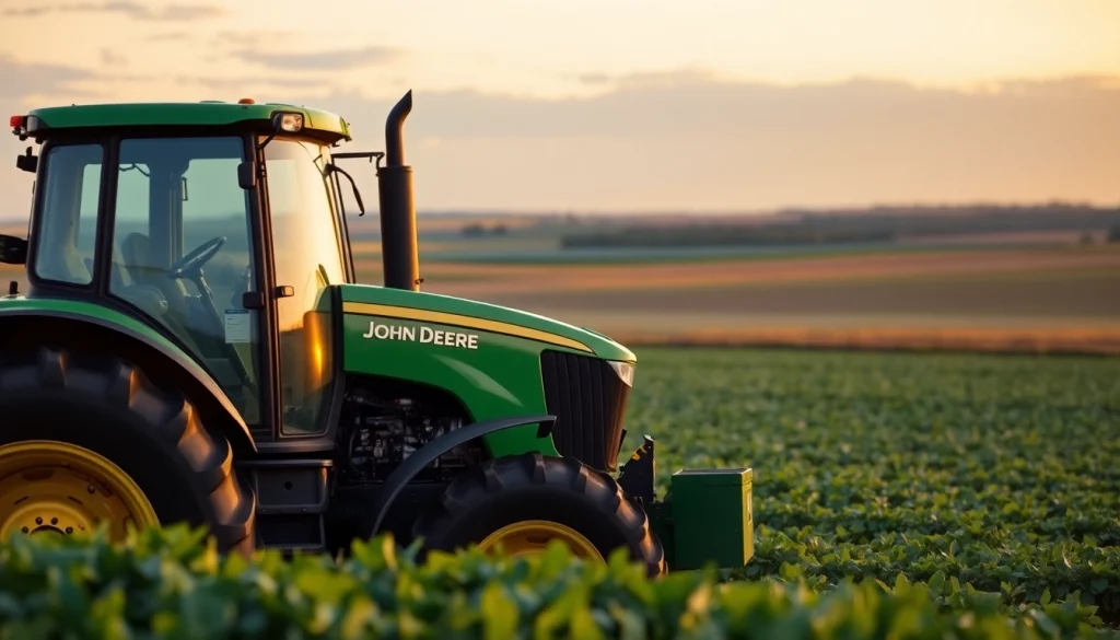John Deere Traktor in einem grünen Feld, konzentriert auf die Leistung und Effizienz.